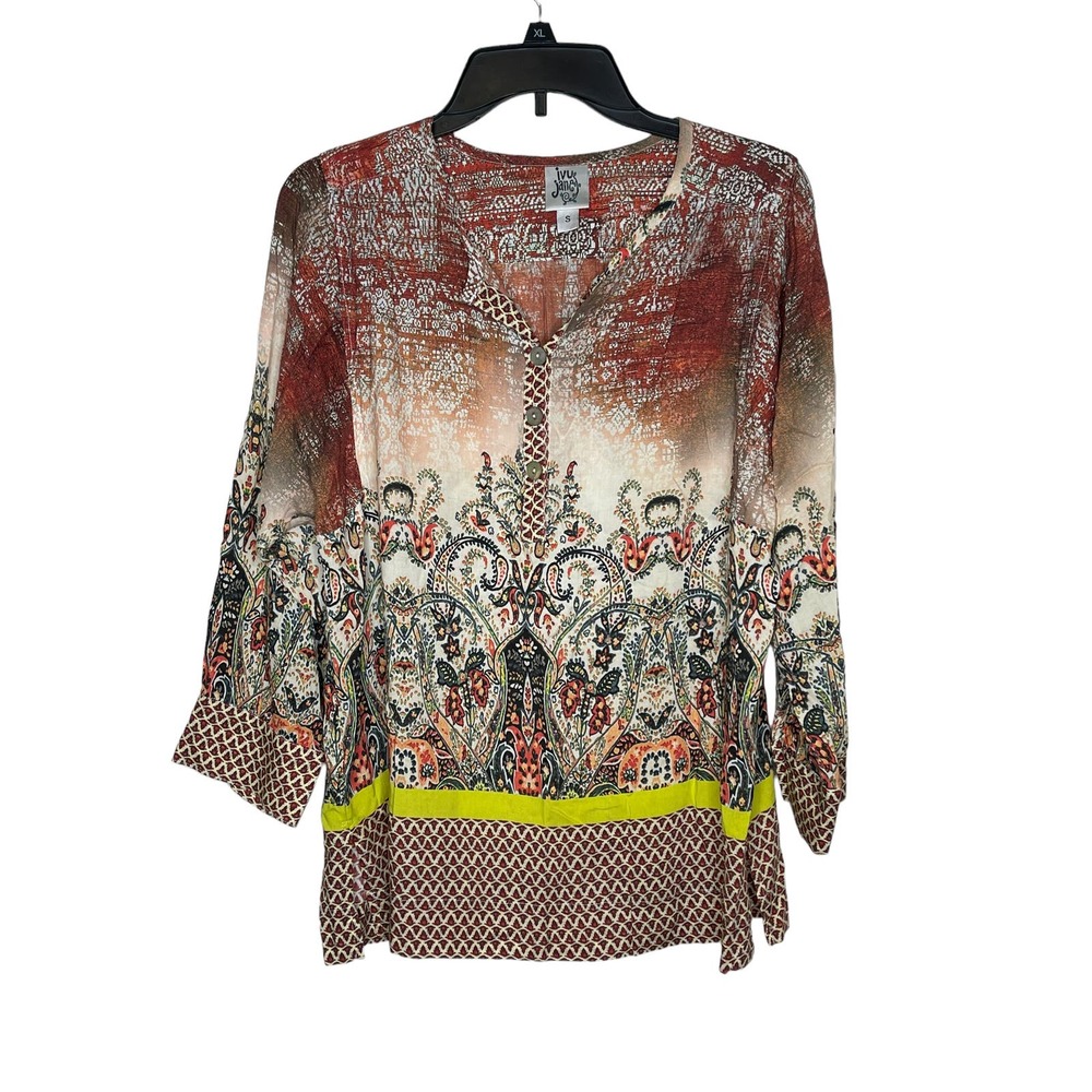 Ivy Jane Women Top Paisley 3/4 Sleeve Boho Peasant Tunic Shirt Multicolor‎ Small